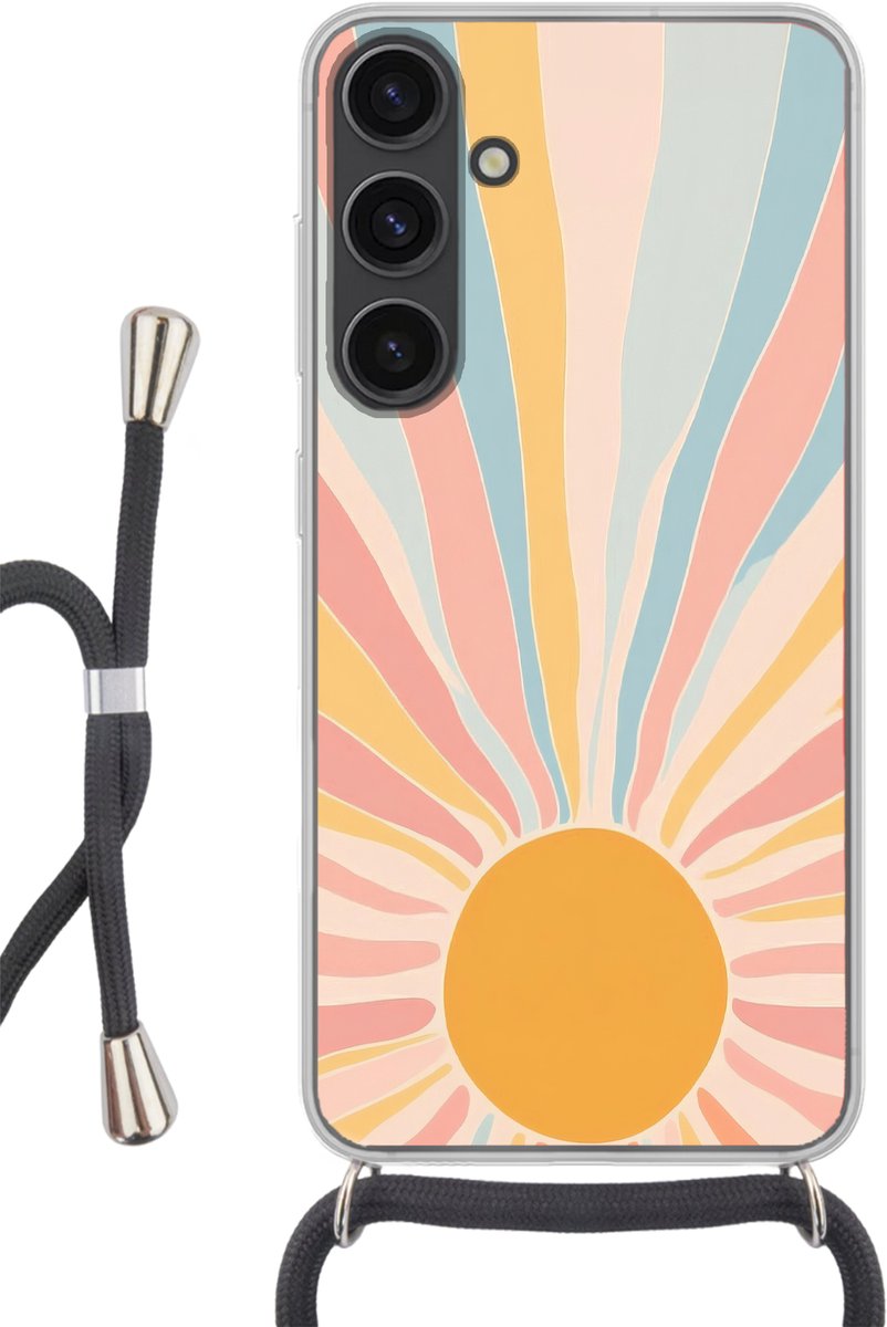 Telefoonhoesje Geschikt voor Samsung Galaxy S24 - Illustratie - Zon - Pastelkleuren - Siliconen - Crossbody - Backcover met Koord - Telefoonhoesje met koord - Hoesje met touw Telefoonhoesje