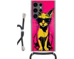 Telefoonhoesje Geschikt voor Samsung Galaxy S24 Ultra - Kat - Art - Zonnebril - Roze - Siliconen - Crossbody - Backcover met Koord - Telefoonhoesje met koord - Hoesje met touw Telefoonhoesje