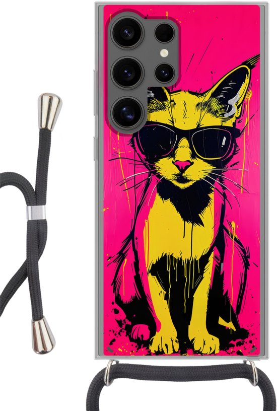 Telefoonhoesje Geschikt voor Samsung Galaxy S24 Ultra - Kat - Art - Zonnebril - Roze - Siliconen - Crossbody - Backcover met Koord - Telefoonhoesje met koord - Hoesje met touw Telefoonhoesje