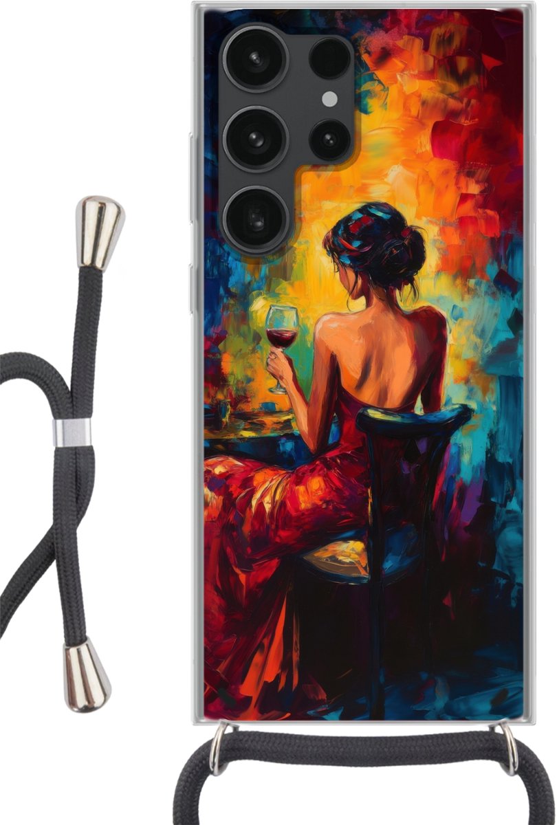 Telefoonhoesje Geschikt voor Samsung Galaxy S23 Ultra - Wijn - Vrouw - Sfeervol - Kleurrijk - Siliconen - Crossbody - Backcover met Koord - Telefoonhoesje met koord - Hoesje met touw Telefoonhoesje