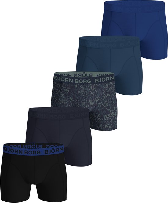 Boxer Björn Borg en Cotton stretch - boxer homme longueur normale (lot de 5) - noir - 3 nuances de bleu et bleu avec imprimé vert