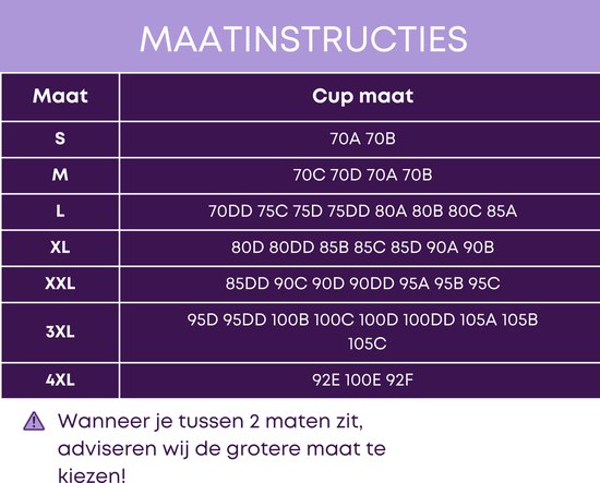 Tableau des tailles pour le soutien-gorge, avec les colonnes "Taille" et "Taille de bonnet". Le titre est "INSTRUCTIONS DE TAILLE".
