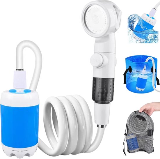 Draagbare kampeerdouche - Oplaadbare waterpomp - Oplaadbare douchepomp met USB-C - 3 sproeistanden kampeerdouche - Buitendoucheset voor kamperen, camperreizen, huisdieren wassen, planten water geven - Inclusief opbergtas - Draadloze douche