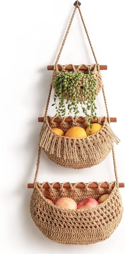 Foto: Hangende fruit en groentemand met 3 lagen verwijderbaar wandnet handgeweven jute wandmand multifunctioneel keukenhangrek fruit en groenteopslag woondecoratie in boheemse stijl