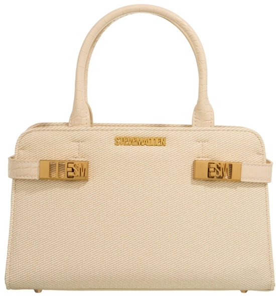 Crèmekleurige tote tas van Steve Madden met gouden 'ESM' gespen en krokodillenleren accenten.