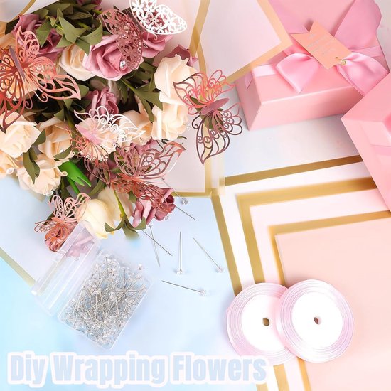 Lot De 20 Feuilles Papier Cadeau Floral Imperméable 58x58 Cm + 10 Rubans Dorés – Emballage Élégant Pour Bouquets De Fleurs, Mariages & Événements