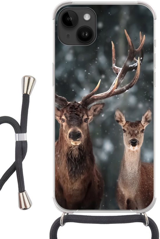 Étui téléphonique Convient pour Apple iPhone 14 Max - Cerf - Animaux - Hiver - Bois - Neige - Nature - Siliconen - Cross Body - Backcover avec Cordon - Étui téléphonique avec cordon - Étui avec corde Étui téléphonique