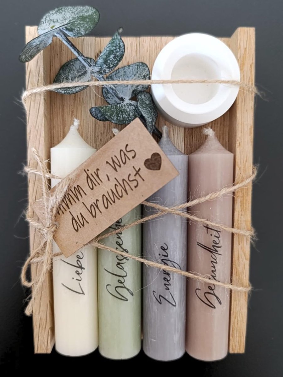Kaarsen cadeauset verjaardagscadeau voor vrouw of vriendin | neem mee wat je nodig hebt | souvenir | kaarsenhouder houten doos met kaarsendecoratie en eucalyptus
