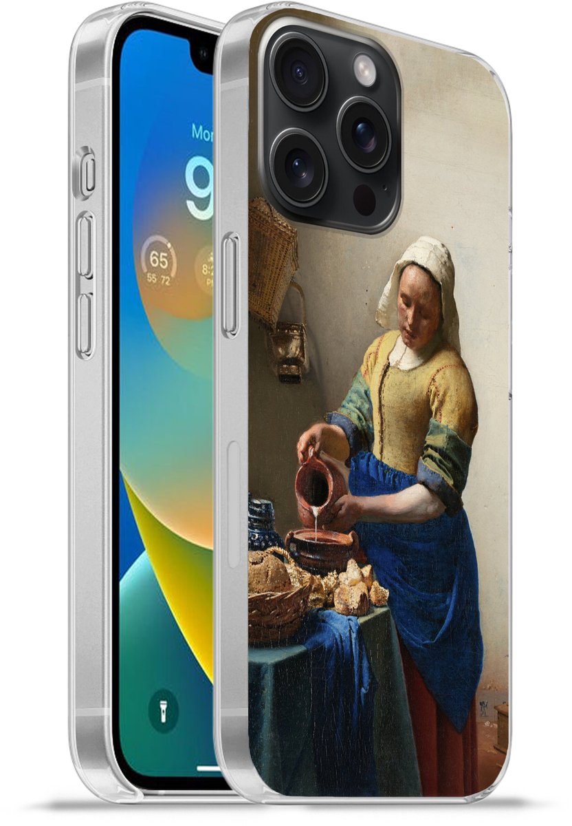 Telefoonhoesje Geschikt voor iPhone 15 Pro Max hoesje - Het melkmeisje - Vermeer - Oude meesters - Siliconen Telefoonhoesje Telefoonhoesje