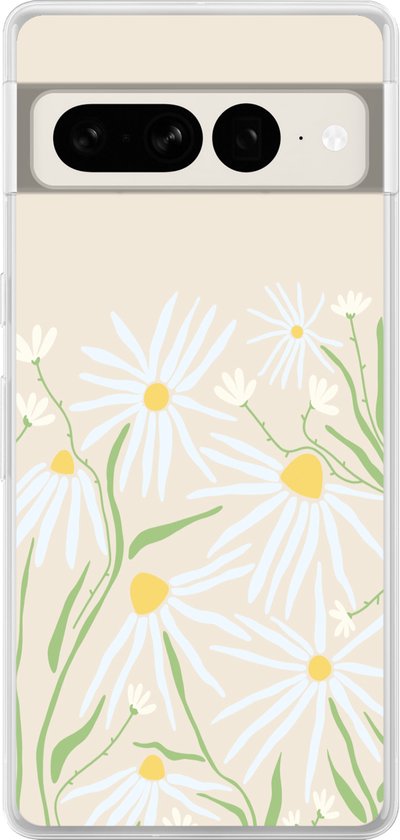 Telefoonhoesje met een crème achtergrond en een patroon van witte madeliefjes met gele middelpunten en groene stelen.