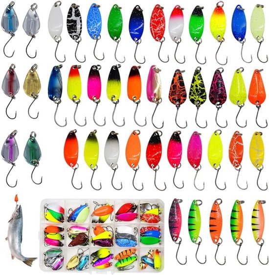 titel: 43 stuks visaas voor het vissen op forel meerkleurig kunstaas spoon voor forel set met boxspinning lepel hengelset voor forel Smoakez - 43-delige set kunstaas voor forelvisserij in meerdere kleuren met doos - lepelhengelset voor forelvissen