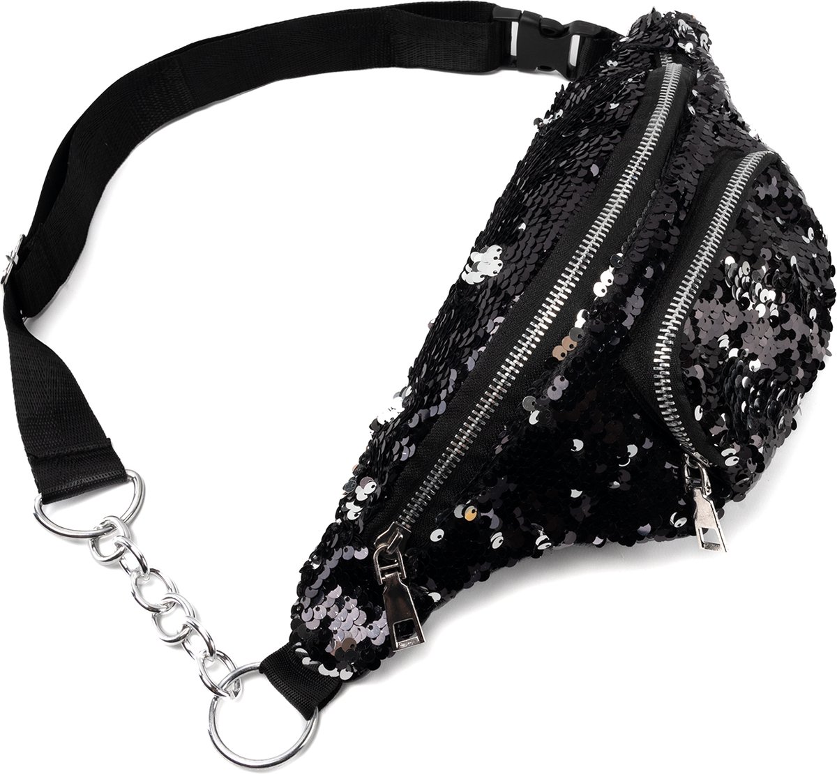 KIMU® Heuptas Rond Voorvak Pailletten Zwart Zilver Met Ketting Heuptasje Sequin Tas Mermaid Zeemeermin Tasje Glitter Festival