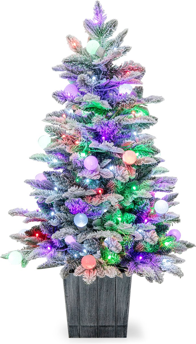 COSTWAY Kunstkerstboom, 100 cm, gevlokte dennenboom met 80 veelkleurige ledlampjes en 148 takpunten, verlichte kerstboom met sneeuw en sokkel voor thuis, bedrijf en kantoor