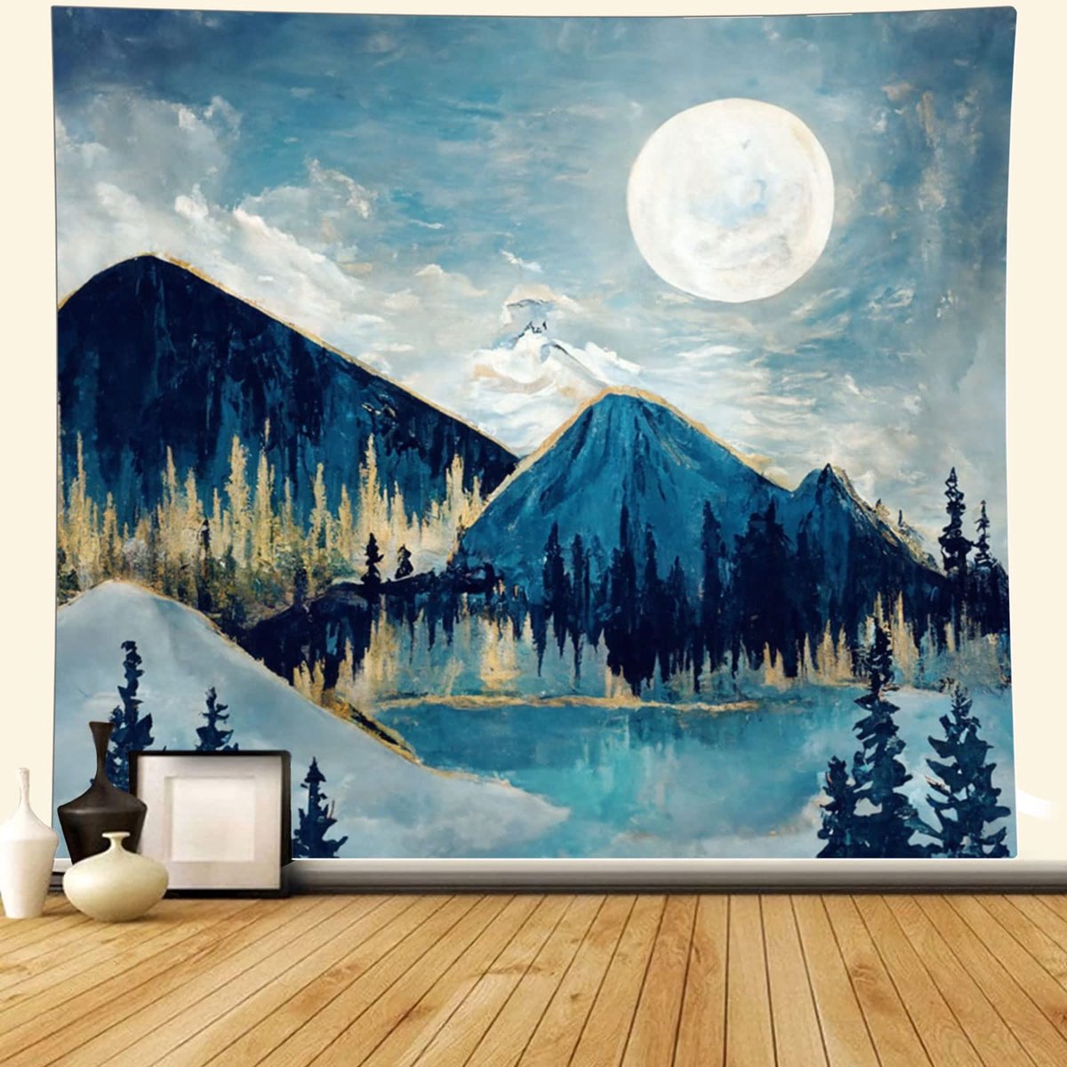 Unyqoos Esthetisch Wandtapijt met Boom en Maan voor Slaapkamer en Woonkamer Decoratie blauw