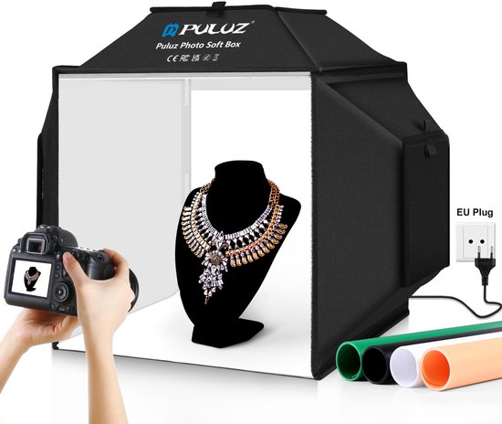 PULUZ Fotobox Produktfotos, 60x60cm Photo Box mit 120 LED-Leuchten 5500K 6 Hintergründen für Schmuck und Produktfotografie 36W EU-Stecker
