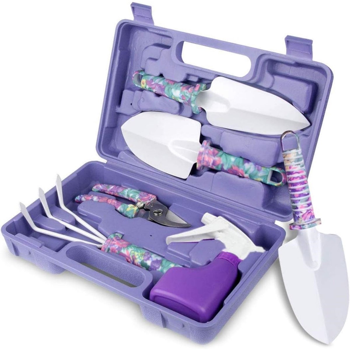 EXCITAT Tuingereedschapset - Tuingereedschapstas - Met draagtas - Met schop, spade, handhark, snoeischaar, plantenspuit - Set van 5 - Paars