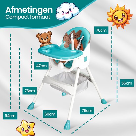 Velox Goods VL-509 Baby Stoel - Compacte, Verstelbare en Opvouwbare Kinderstoel met Veiligheidsgordel, Opbergmand en Speels Design - Geschikt voor Kinderen van 6 Maanden tot 4 Jaar van Velox — afbeelding 2