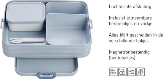 Boîte à lunch bento bleu clair avec couvercle hermétique, récipients amovibles et fourchette. Sans BPA, compatible micro-ondes.