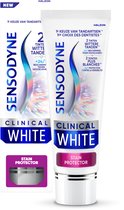 Een tube Sensodyne Clinical White tandpasta met paarse 'Stain Protector' en een doosje ernaast.