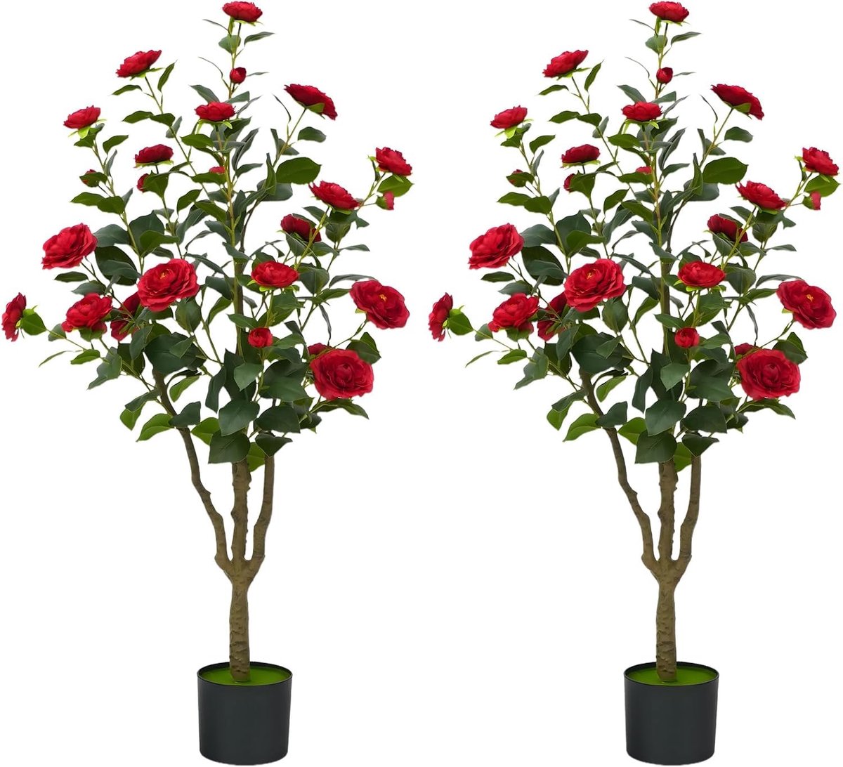 2 stuks kunstmatige cameliaboom 120 cm, met 24 bloeiende rode bloemen, cameliaplant, kunstmatige cameliaboom van plastic, potplant voor moderne kantoor-, woonkamer- en vloerdecoratie, eenvoudig onderhoud