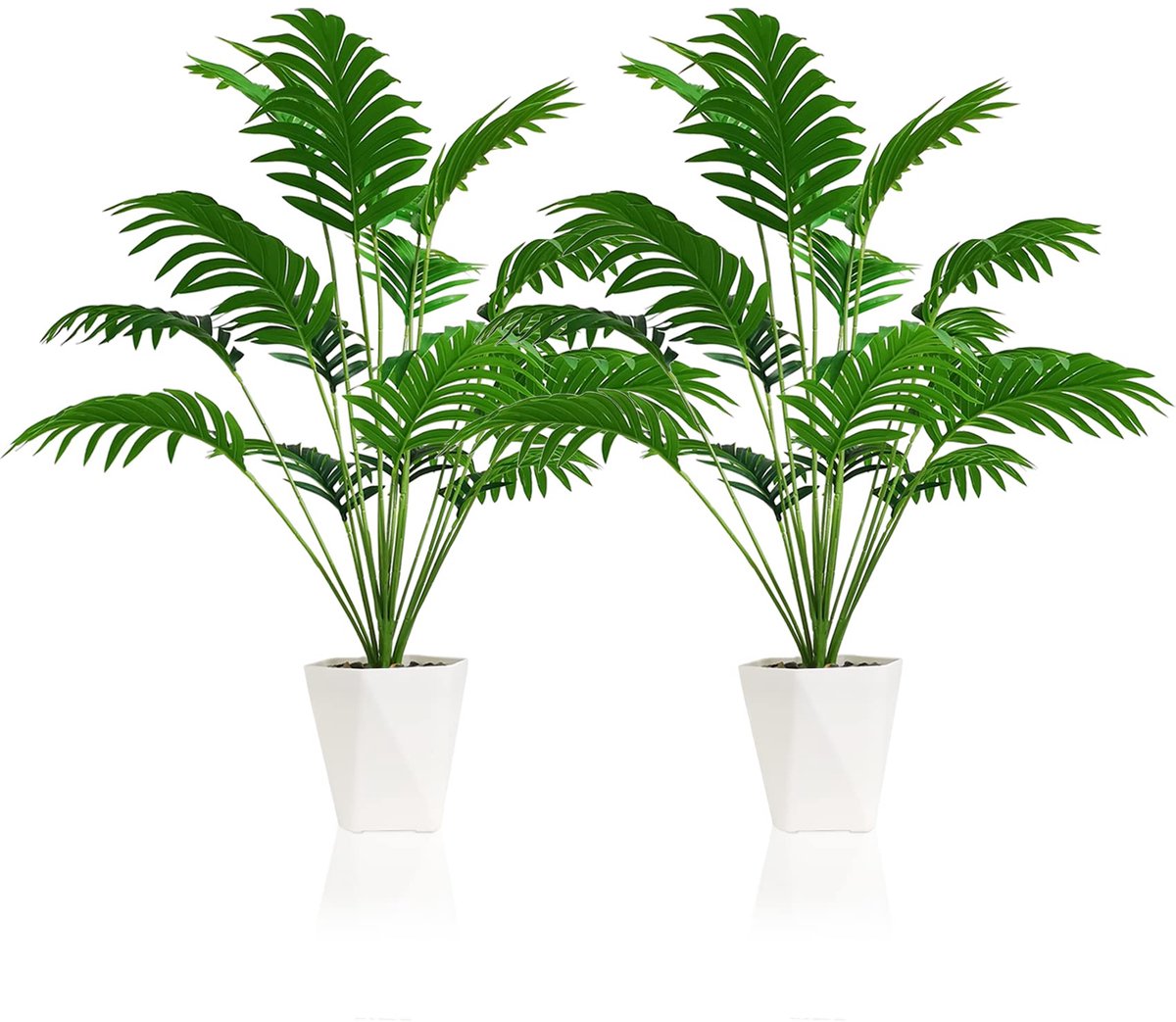 SAJANDAS Set van 2 kunstmatige Areca-palmen in potten, 85 cm kunstmatige tropische palmbomen met groene bladeren en stammen, kunstmatige palmboom met potten voor thuis, kantoordecoratie