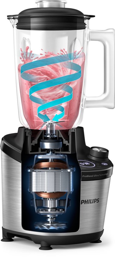 Dwarsdoorsnede van een Philips blender die een roze smoothie mixt.