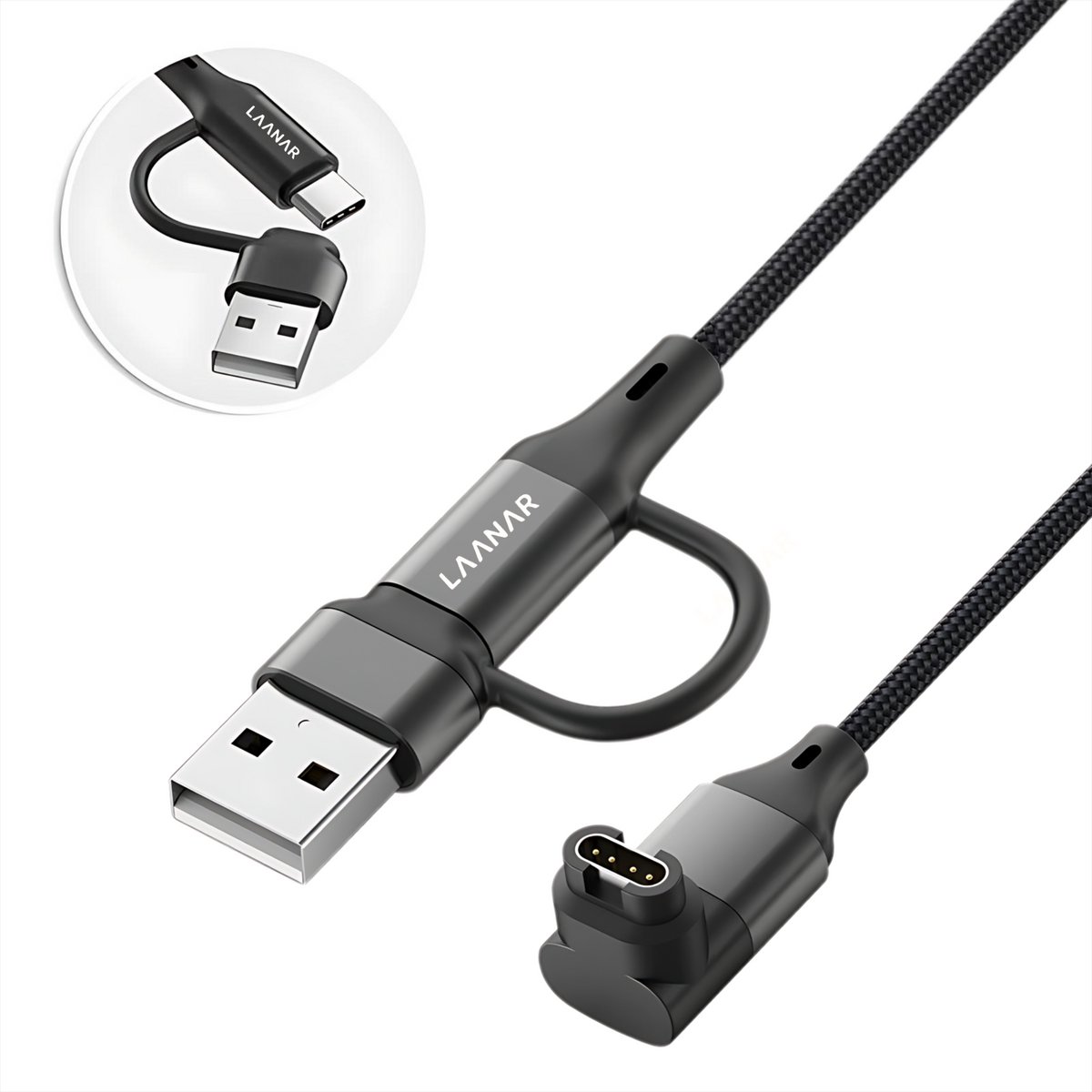 LAANAR® Oplaadkabel voor Garmin Instinct / Forerunner / Vivoactive / Venu / Fenix / Enduro  / Tactix / Quatix / Approach / Vivosmart / Vivosport / Swim / D2 Watch - Gevlochten Nylon 1 meter - L-vorm 90 Graden Hoek - Zwart Aluminium