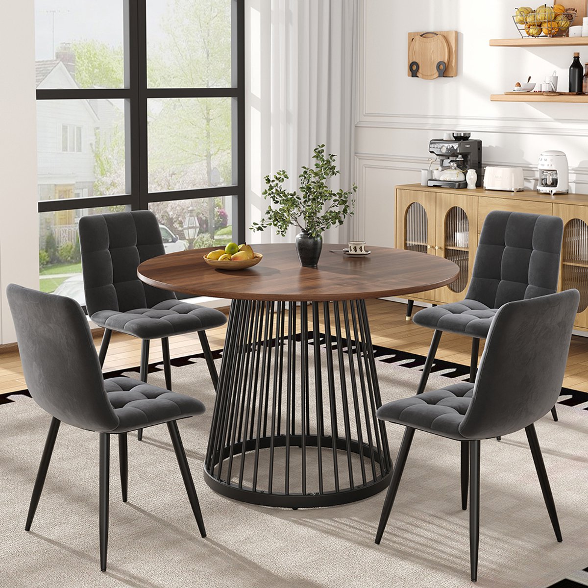 Pugsdrly Eethoek (5-delig), moderne eethoek (met 4 stoelen), eethoek voor in de keuken, ronde keukentafel met een diameter van 80 cm met zwarte metalen poten, tafelblad van MDF in notenhoutkleur, fluwelen stoelen