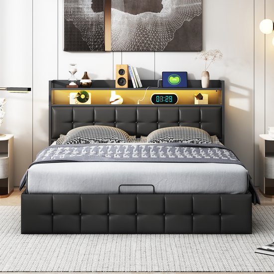 Gestoffeerd bed 160x200 cm met LED en USB - Hydraulisch tweepersoonsbed met lattenbodem en hoofdeinde opbergruimte, Opbergbed (zonder matras) PU Zwart