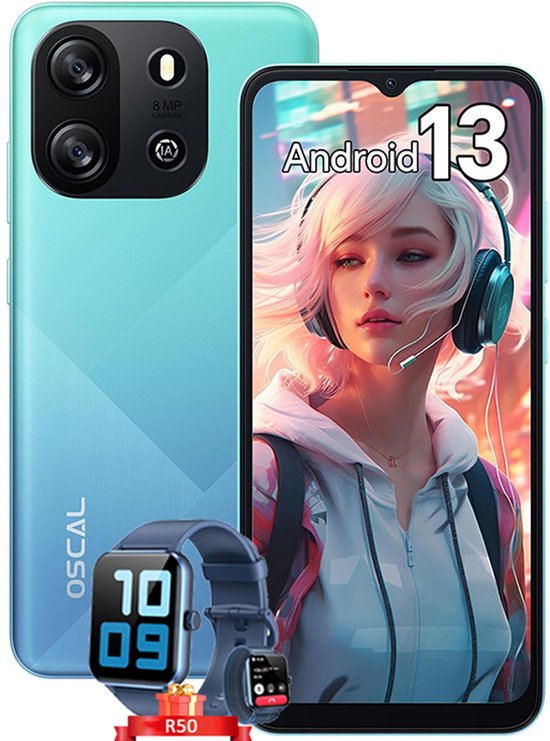 Oscal Flat 1C Smartphone - 4GB RAM 32GB ROM - Android 13 - 4700 mAh - Dual SIM 4G - GPS - Blauw met Slimme horloge Blackview R50