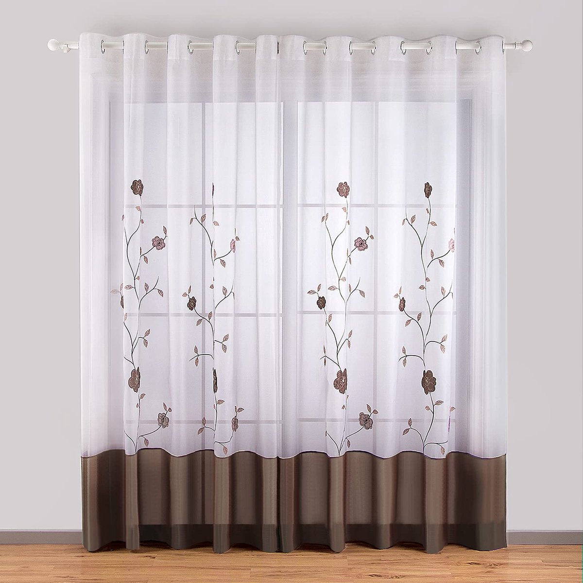 Ibenzoa® Transparante voile gordijnen met bloemen borduurwerk voor woonkamer en slaapkamer, set van 2, bruin, 140x225 cm