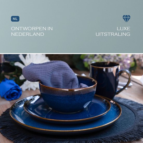 Royal Belinda Serviesset 4 persoons - 16-delig - Dinerbord, Ontbijtbord, Kom en Mok - Bordenset - Serviesset - Keramiek - Blauw — afbeelding 2