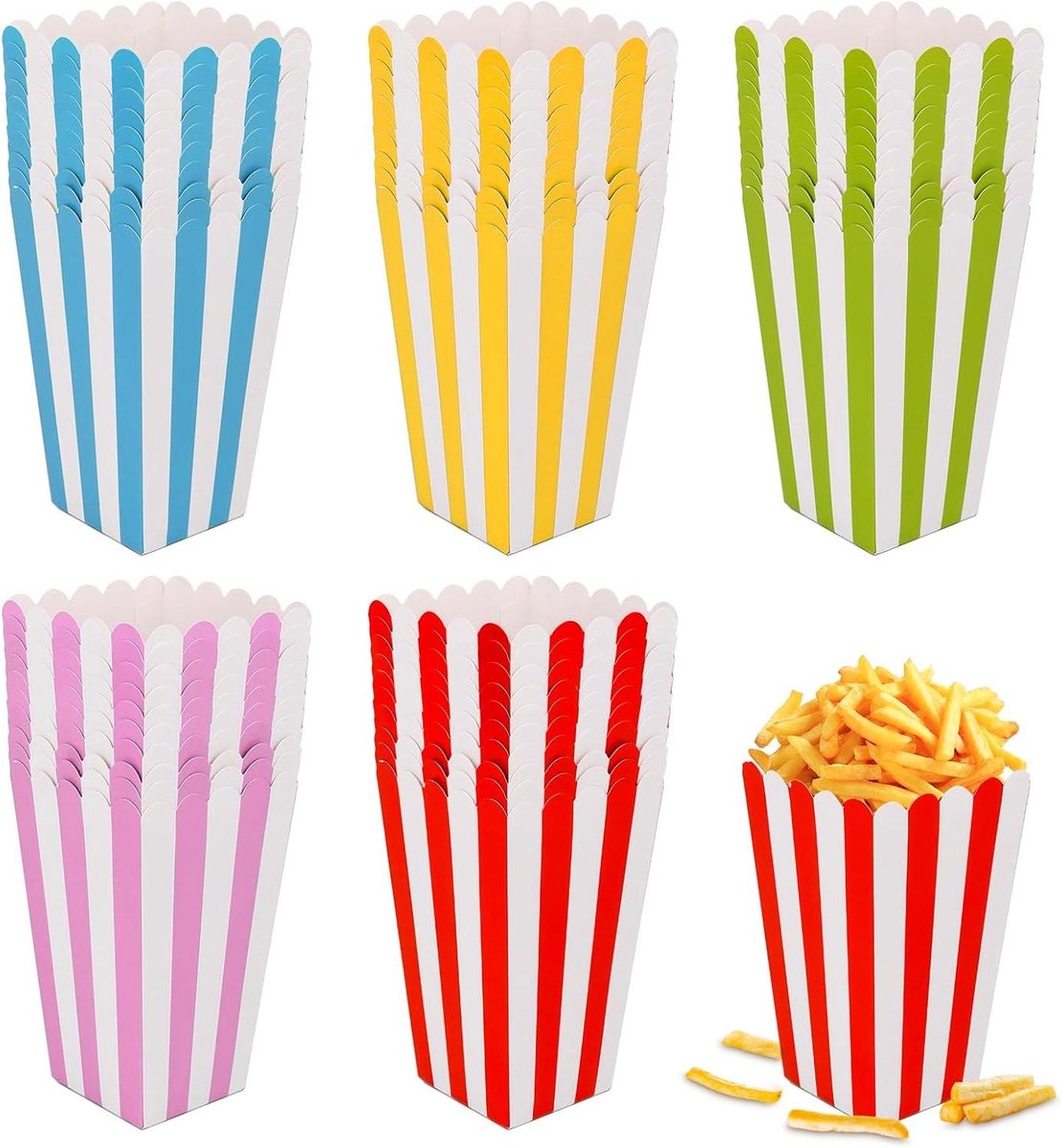 Allecto Plus - Popcorndozen in 5 Kleuren voor Snacks Filmavond Verjaardagsfeest - 50 Stuks (11 × 7 × 5 cm)