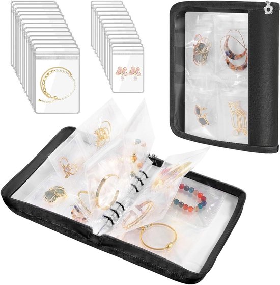 Allecto Plus - Reis Sieraden Organizer Opbergdoos Sieraden opbergen Boek met 96 Draagbare Anti-Aanslag Transparante Zakken voor Kettingen Armbanden Oorbellen Ringen Zwart