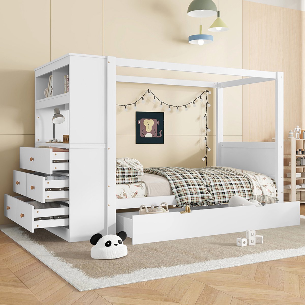 Pugsdrly Eenpersoonsbed, kinderbed met veiligheidshek en spijlen, houten bed met opbergruimte, opbergkast met 5 lades, lade op wieltjes, royale opbergruimte, grenen + PB, wit + naturel, 90 x 200 cm