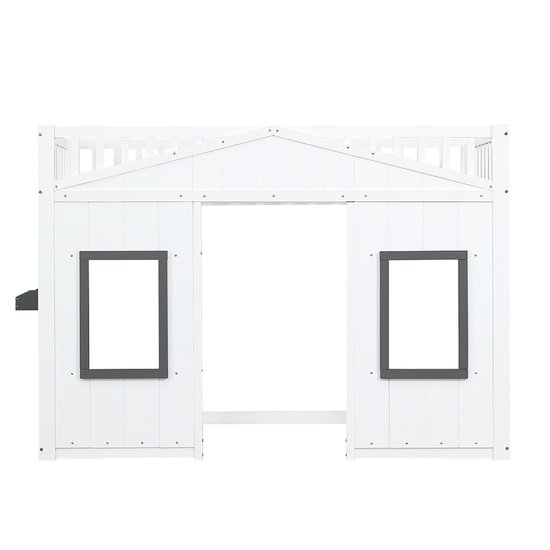 Lit superposé Pugsdrly, lit cabane avec marches, protection antichute et barre de sécurité, lit enfant avec fenêtre, lit gigogne autoportant, structure en pin, pin et MDF, blanc