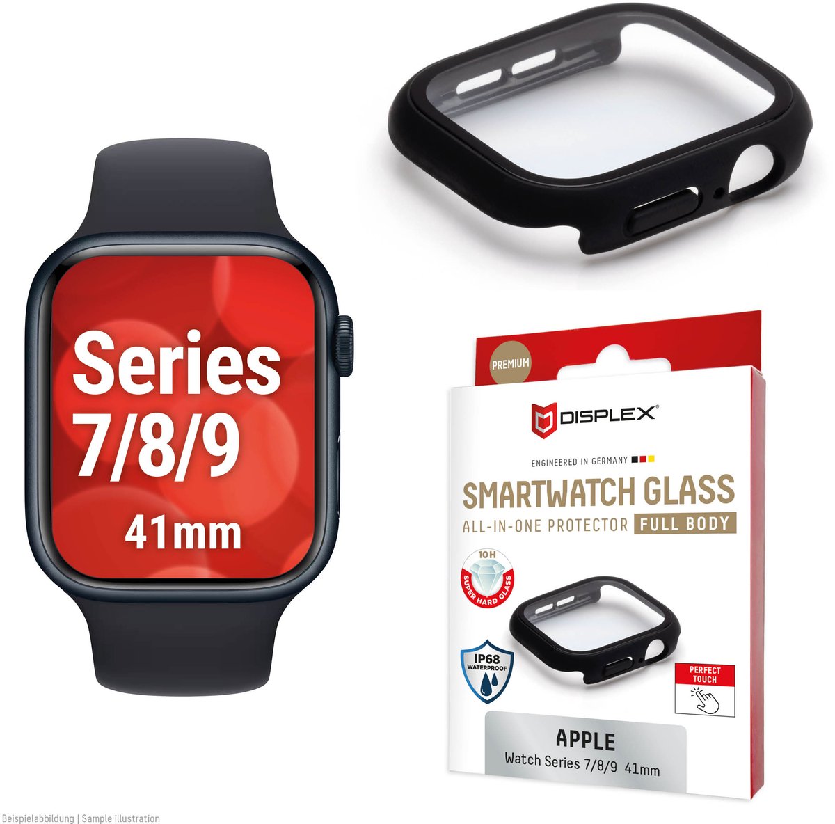 Displex 10H Panzerglas für Apple Watch 9/8/7 (41mm), Full Body Schutz, IP68, Snap-On, black frosted, Schermbeschermer, Smartwatch, Zwart, Apple, Apple Watch 9/8/7 (41mm), Polycarbonaat (PC), Gehard glas