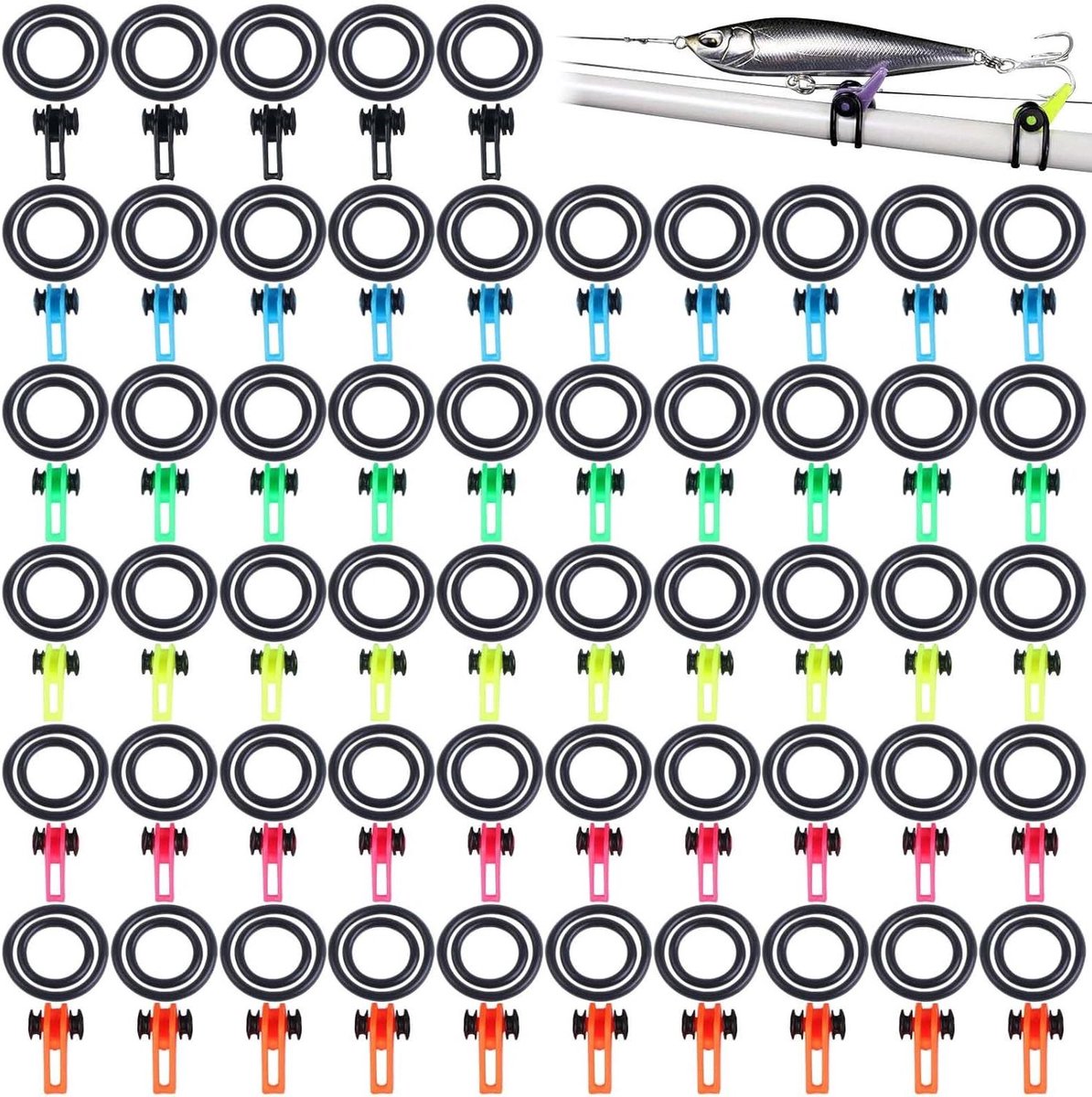 Allecto Plus - 60 stuks elastische hengelriemen in 6 kleuren voor hengels, badmintonrackets en golfclubs.
