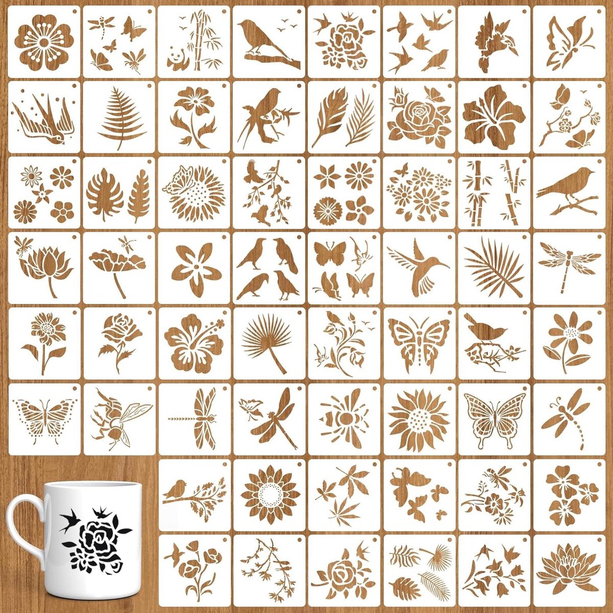 Allecto Plus - Schildersjablonen 60 stuks bladeren en bloemen Herbruikbare plastic sjablonen voor schilderen Kinderen papier muur hout sjablonen (7.6 ").