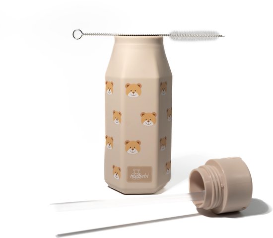 Mabebi - Drinkfles met kliksysteem 350 ml - Lekvrije drinkfles voor kinderen - Waterfles voor onderweg - Siliconen drinkfles met rietje - Schoolbeker - Beer Beige van Mabebi — afbeelding 4