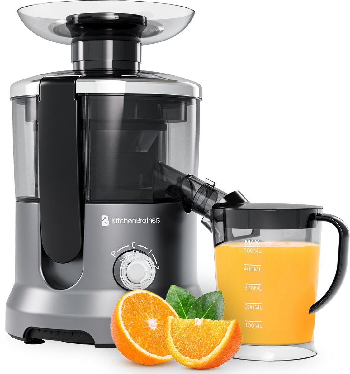 KitchenBrothers Sapcentrifuge - Voor Groenten en Fruit - Juicer - Slowjuicer - Met Pulpcontainer - 500ml - 600W - Zilver/Grijs