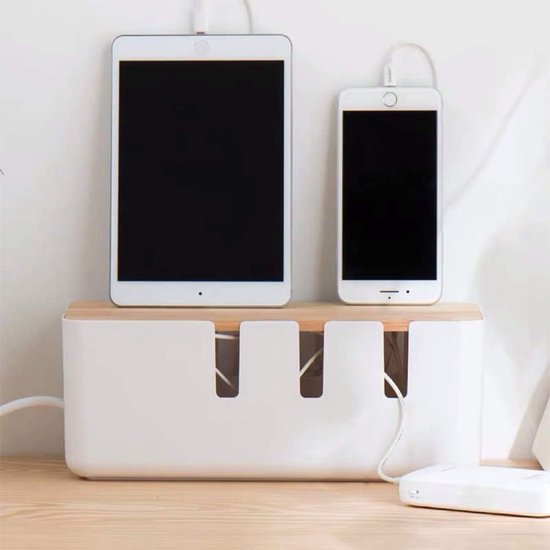 Box Zwart [Set Van 2] Large & Medium ABS Plastic Met Wood Effect Deksel Rubberen Voetjes Cable Box Set Inclusief Kabelhouder Kabelbinders Kabelslang Om Kabel Te Verbergen
