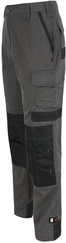 Grijze werkbroek met zwarte zakken en knieverstevigingen met oranje details.
