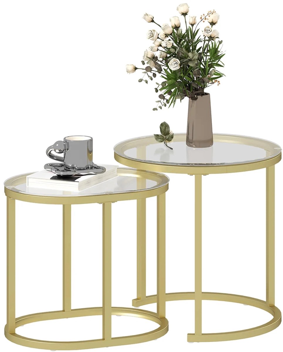 Sweiko Salontafel - Set van 2 - ovaal + rond - Stapelbaar - Glazen tafelblad + staal - Goud