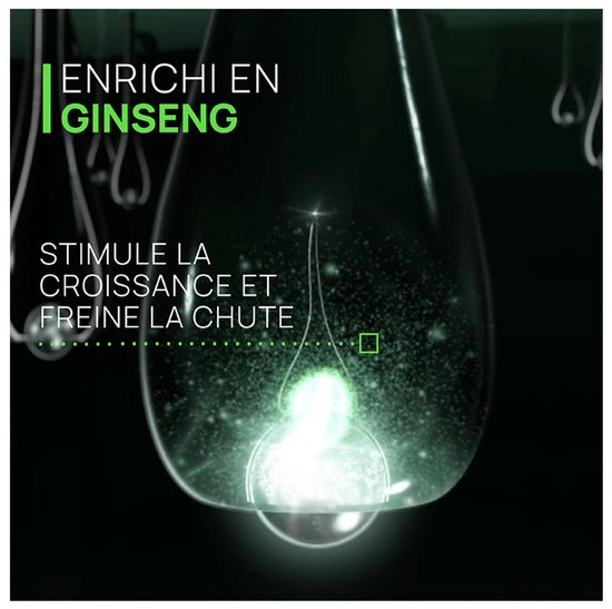 Close-up van een glazen druppel met een gloeiende kern en de tekst 'ENRICHI EN GINSENG STIMULE LA CROISSANCE ET FREINE LA CHUTE'.