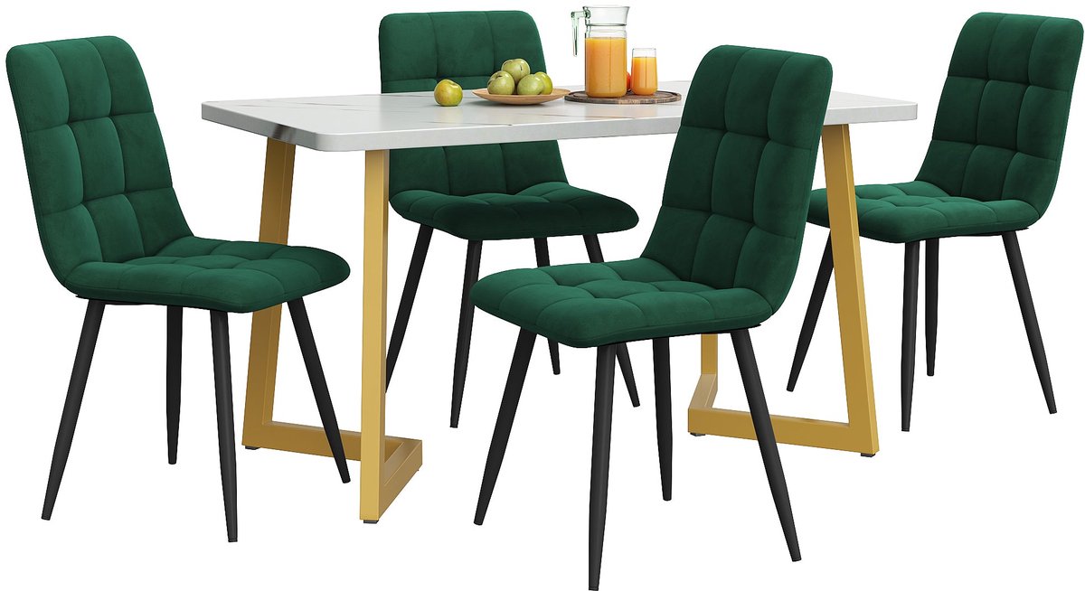 Merax 117 cm Eettafel Set met 4 Stoelen - Moderne Keukentafel Set met Donkergroene Samt St