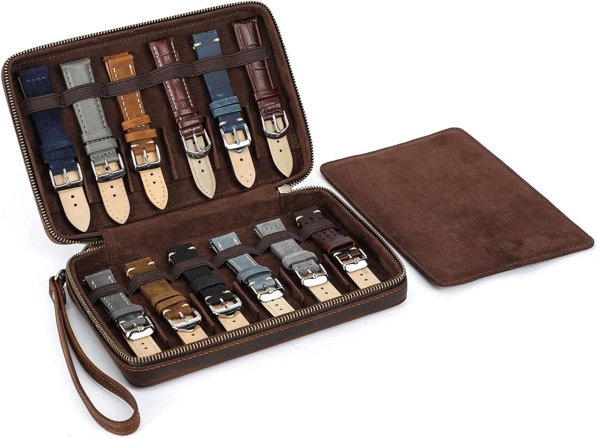 Allecto Plus - Echt Lederen Horloge Band Organizer Tas | Opbergtas voor 12 Horloge Bandjes | Reistas voor Horlogebanden met 2 Extra Vakken
