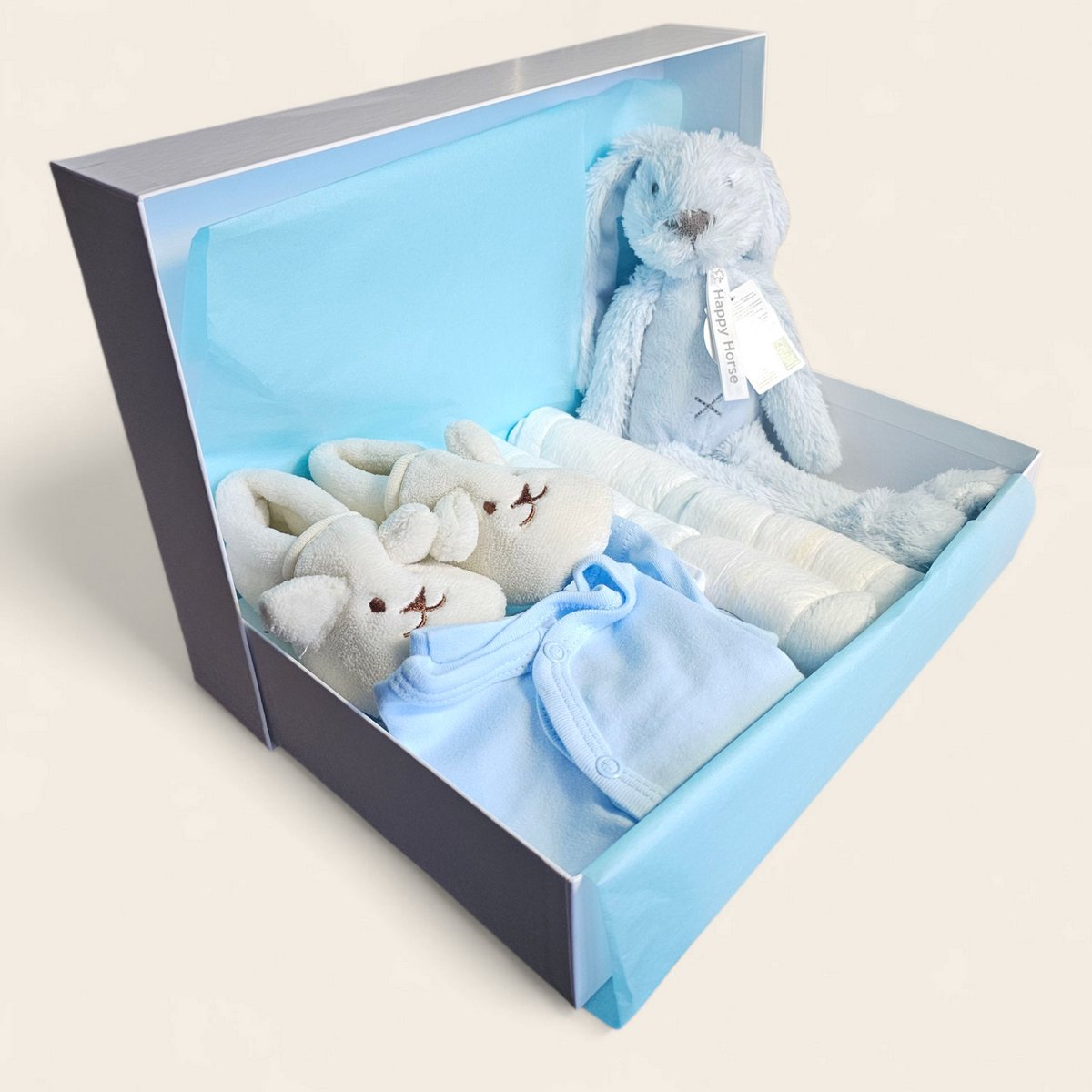 Kraamcadeau blauw met Happy Horse Richie Knuffel, romper, vestje, broekje, mutsje en slofjes