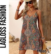 LaGloss® Bohemian Paisley Strandjurk Dames – Mouwloos Zomerjurkje Spaghettibandjes – Boho Wrapjurk – Maat L