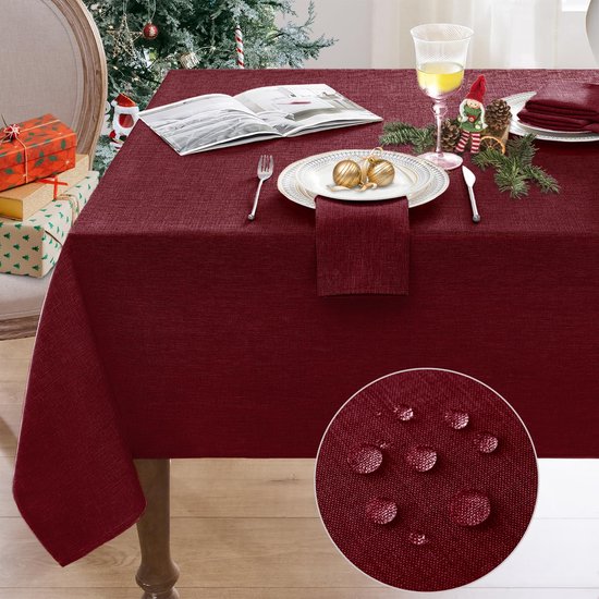 Softalker Tafelkleed Kerstmis rood 140 x 240 cm, kersttafelkleden, modern, groot, afwasbaar, met witte sneeuwpop, sneeuwvlok en kerstboomdecoratie voor kinderverjaardag, feest, vakantie